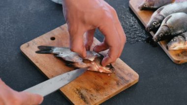 Sazan balık gutting adam. Balık pişirme. Eller yakın çekim.