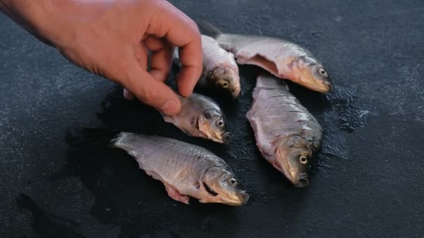 Homem brinca com peixe fresco carpa limpa na mesa preta. A cozinhar peixe. Mão fechada . — Vídeo de Stock