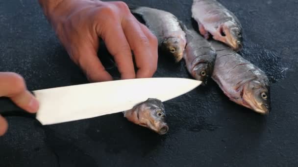 O homem faz cortes em peixes de carpa na mesa preta. A cozinhar peixe. Mão fechada . — Vídeo de Stock