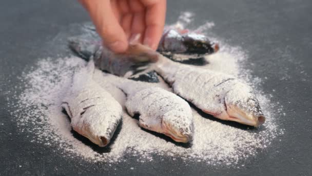 Carpa de pescado en especias espolvoreadas con harina sobre una mesa negra . — Vídeo de stock