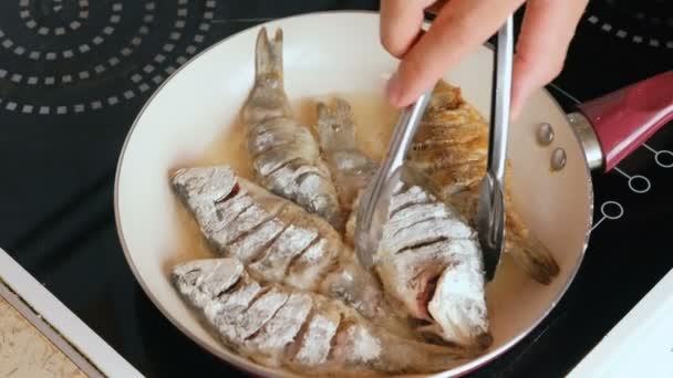 Чоловік смажив рибу в олії на сковороді. Крупним планом чоловік рук перевертає рибу з кулінарними щипцями . — стокове відео