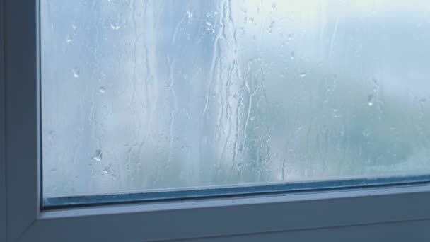 Gotas de lluvia fluyen por la ventana de cerca . — Vídeos de Stock