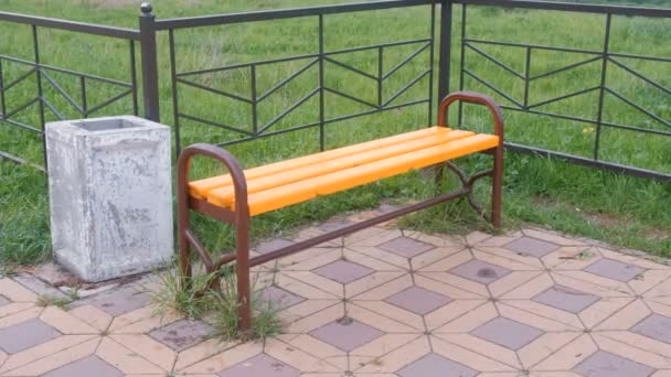 Bench by the fence in park. Near the trash. — Stock Video