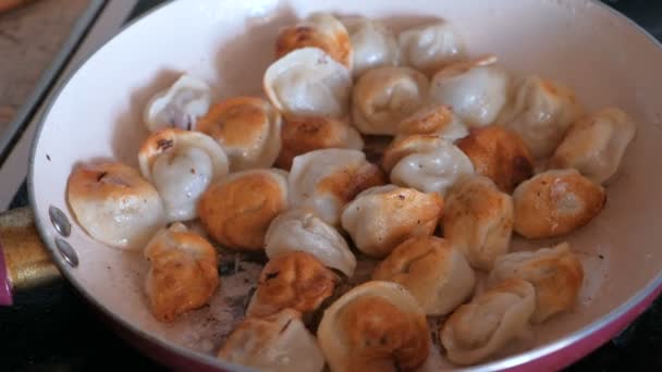 Dumplings frying on a pan. — Stock Video