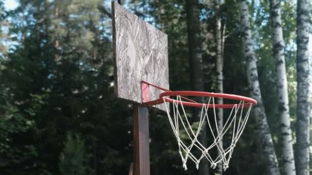 Баскетбольне кільце в парку серед дерев крупним планом . — стокове відео