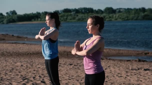 Zwei Frauen dehnen Yoga am Strand am Fluss in der Stadt. schöne Aussicht auf die Stadt. Namaste-Pose. — Stockvideo