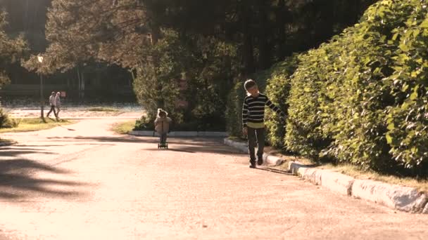 Familjen promenader i parken vid sjön. — Stockvideo