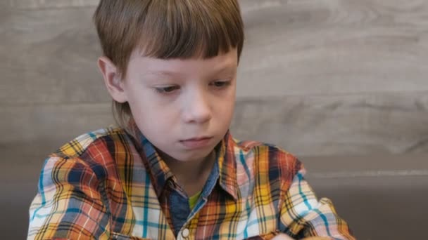 Boy is eating hot dog in cafe. — Stock Video