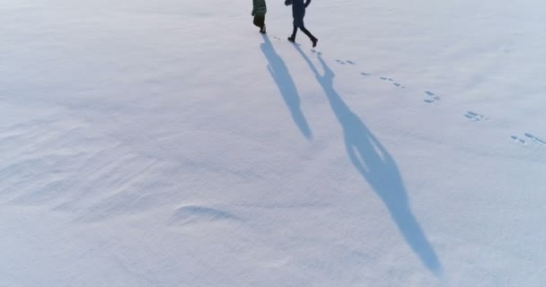 엄마와 일 중인 함께 눈에. 항공 영상입니다. 겨울에 가족 취미. — 비디오