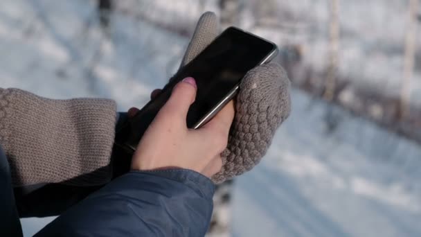 Close-up mulheres mãos em mitenes escrevendo mensagens no celular no dia de inverno no parque . — Vídeo de Stock