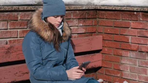 女性が公園に座って携帯電話でメッセージを入力します。. — ストック動画