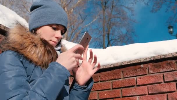 Woman is typing a message on mobile phone sitting in winter park. — Stock Video