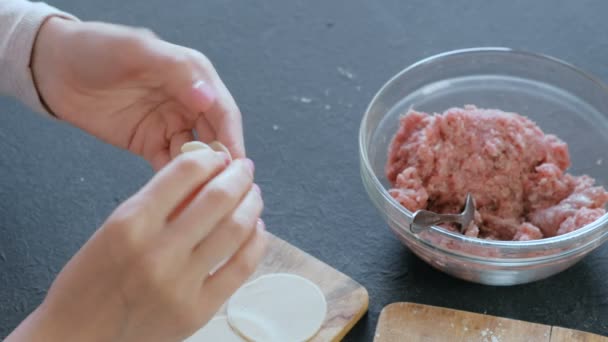 Vrouw maakt dumplings met gehakt vlees, close-up handen. — Stockvideo