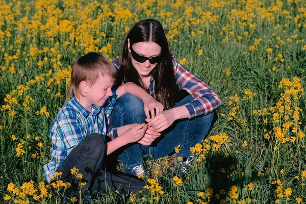 Matka i syn grać z żółtych kwiatów, siedząc na trawie. Rodziny wycieczka. — Zdjęcie stockowe