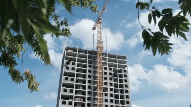 Multi-piano in costruzione edificio appartamento con una gru su uno sfondo di legno e cielo . — Video Stock