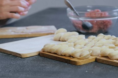 Kadın Köfte kıyma et, yakın çekim el ile yapar.