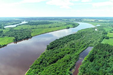 Nehir ve yeşil orman havadan görünümü güzel doğal sahne.