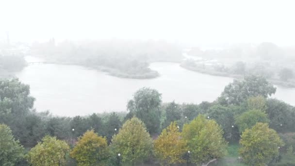 Lluvia, viento y niebla en el río rodeado de árboles. Zona urbana . — Vídeo de stock