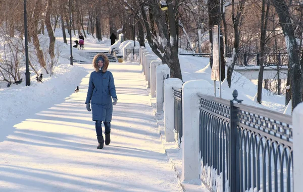 Jovem mulher de casaco azul para baixo com capuz de pele andando no parque de inverno. Vista frontal . — Fotografia de Stock