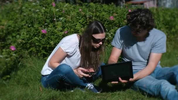 Jeune couple homme et femme travaillent ensemble sur mobile et ordinateur portable assis dans le parc . — Video