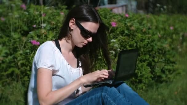 Hermosa chica morena trabajando escribiendo en el portátil sentado en el parque en verano . — Vídeos de Stock