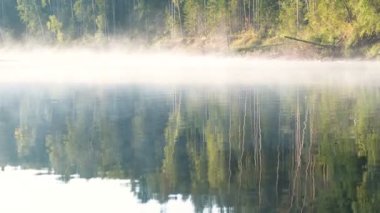 Nehri üzerinde sis. Sonbahar orman nehir kıyısındaki suya yansıyan.