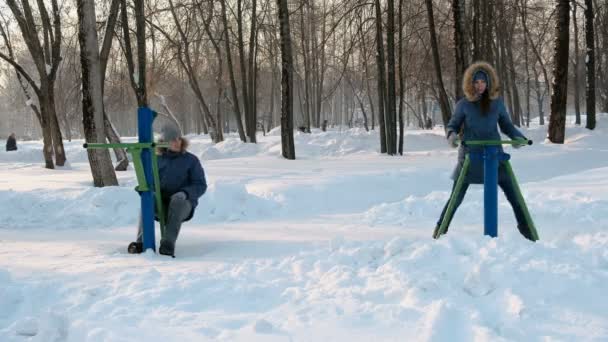 Mężczyzna i kobieta w niebieskie kurtki są zaangażowane w symulatory w winter Park. Widok z przodu. — Wideo stockowe