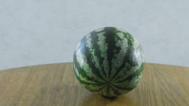 Whole watermelon on the kitchen table close-up. — Stock Video