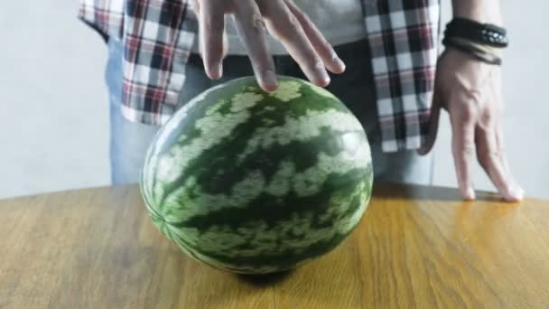 Man twists a watermelon on the kitchen table. Close-up hands. — Stock Video