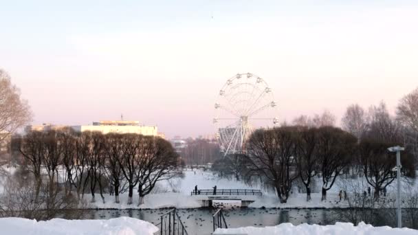 Колесо обозрения в зимнем парке с прудом на городском фоне. Розовое закатное небо . — стоковое видео