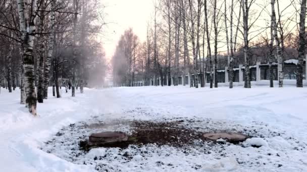 Steam är från sanitära avlopp täcker i snö i Vinterparken. Smält snö runt. — Stockvideo