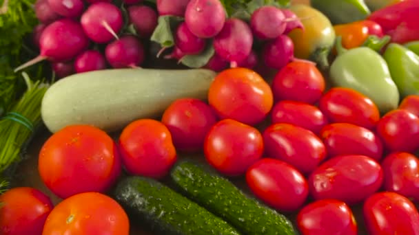 Legumes frescos tomates, pepinos, abobrinha, pimentas, verdes, rabanetes e cogumelos na mesa da cozinha. Vista de perto . — Vídeo de Stock