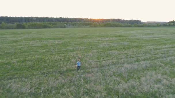Lycklig pojke körs ner fältet på sunset. — Stockvideo