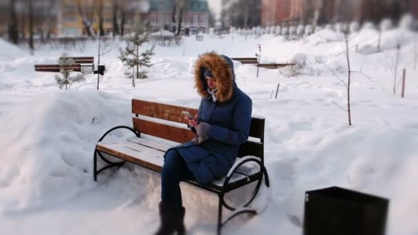 Frau sitzt tagsüber auf Bank und surft Handy im winterlichen Stadtpark bei Schneetreiben mit Schneefall — Stockvideo