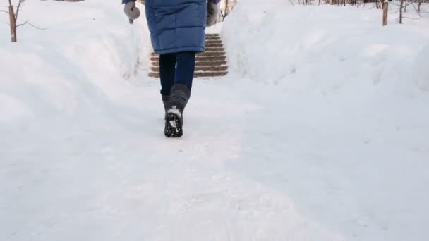 特写镜头的女人的腿在雪梯上升起, 楼梯。冬季公园在城市在白天在雪的天气与降雪. — 图库视频影像