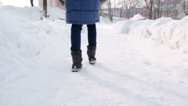 근접 촬영 여 대 다리는 떨어지는 눈 눈 덮인 날씨에 하루 동안 겨울 공원 도시에서 걷고 있다. 측면 보기. — 비디오