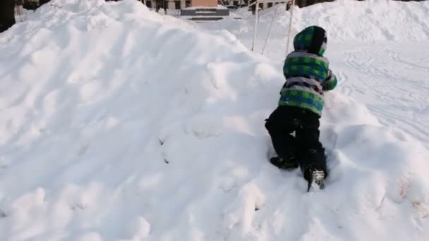 Boy climbs the snow drifts in winter city park in snowy day with falling snow. — Stock Video