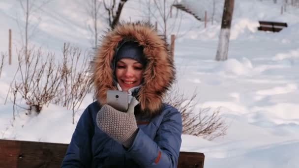 Ung glad vacker kvinna kallar videochatt i Vinterparken i staden i snöig dag med fallande snö. — Stockvideo