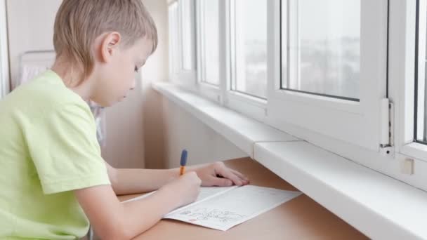 El niño de la escuela aprende a escribir cartas sentadas junto a la mesa. Haciendo deberes . — Vídeo de stock