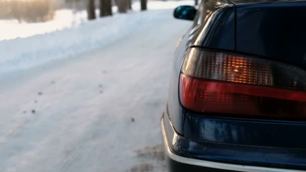 Närbild larm blinkar på vänster sida av fordonet i Vinterparken. Bakifrån från sida. — Stockvideo