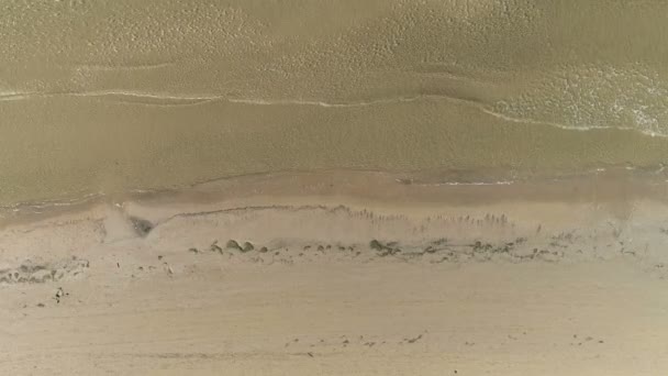 Вид с воздуха на песчаный пляж с небольшими волнами . — стоковое видео