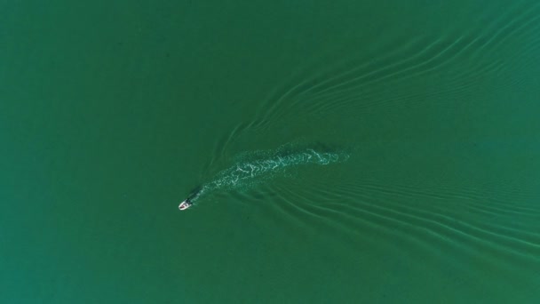Вид з повітря на моторний човен, що плаває на морі. Зелене море чиста вода. Вид зверху . — стокове відео