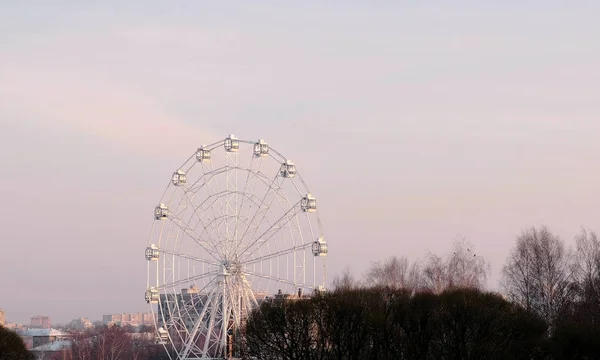 都市の背景に冬公園の観覧車。ピンクの夕焼け空. — ストック写真