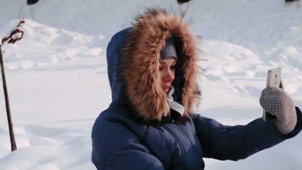Joven feliz hermosa mujer llamada de vídeo de chat en el parque de invierno en la ciudad en el día nevado con la caída de nieve. Vista lateral — Vídeos de Stock