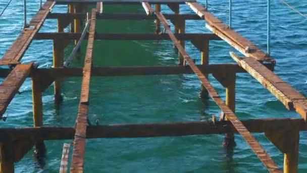 Destroyed old wooden pier on the sea. Rusty steel frame, repair. — Stock Video