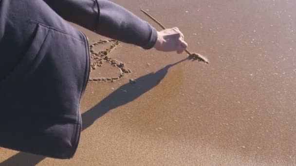 O homem escreve sinais de Dólar na areia do mar. Ondas lavaram a inscrição . — Vídeo de Stock