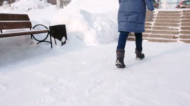 Primer plano piernas de las mujeres que se levantan en una escalera nevada, escalera. Parque de invierno en la ciudad durante el día en clima nevado con nieve que cae . — Vídeo de stock