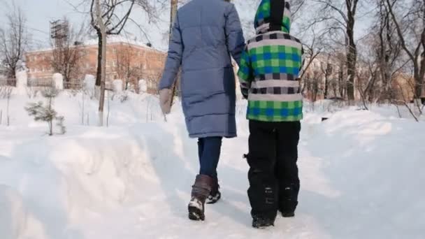 Mamá e hijo caminando en el parque de la ciudad de invierno. Vista trasera . — Vídeos de Stock