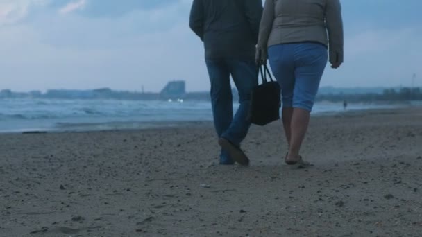 Onherkenbaar bejaarde echtpaar wandelen langs het strand in de avond. Achteraanzicht. — Stockvideo