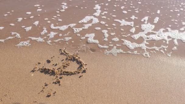 Sinal de dólar escrito na areia do mar. Ondas lavaram a inscrição . — Vídeo de Stock